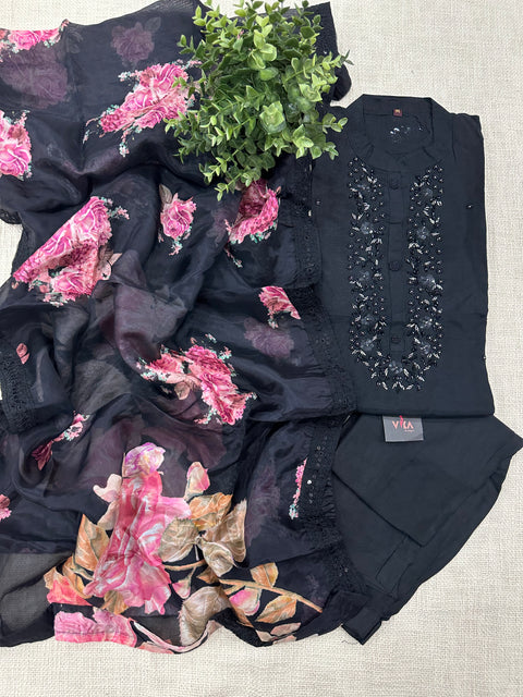 Black Floral dup muslin set