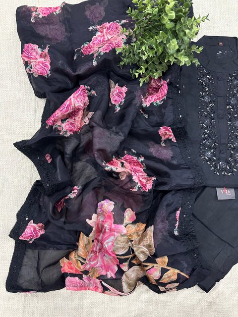 Black Floral dup muslin set