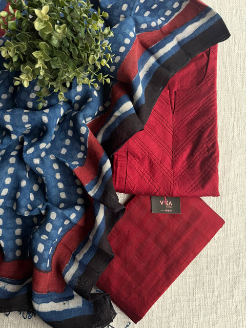 Silk cotton suit set with linen dupatta