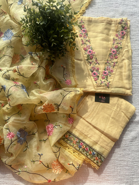 Yellow V neck hand emb salwar material