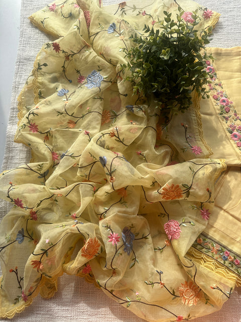 Yellow V neck hand emb salwar material