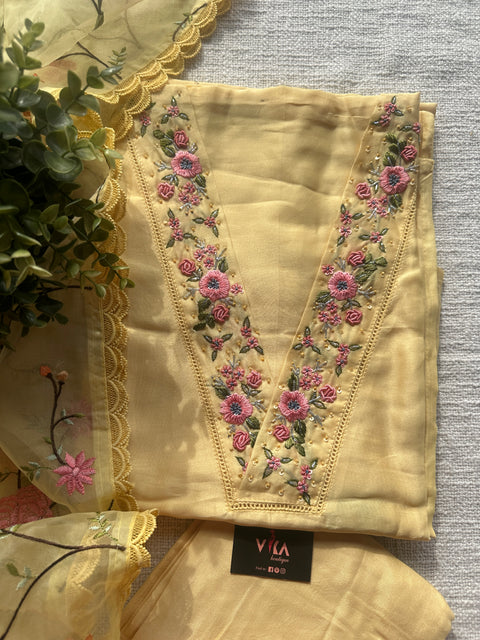 Yellow V neck hand emb salwar material