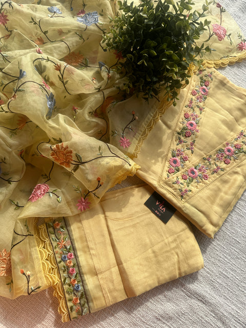 Yellow V neck hand emb salwar material