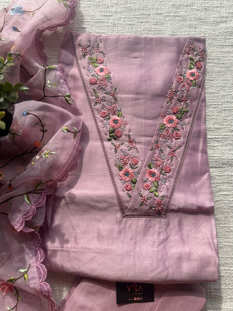 Pink V neck hand emb salwar material