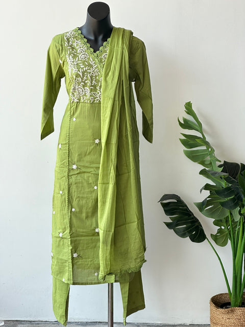 Leaf Green Emb cotton kurta pant set