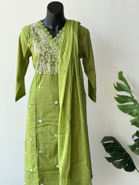 Leaf Green Emb cotton kurta pant set