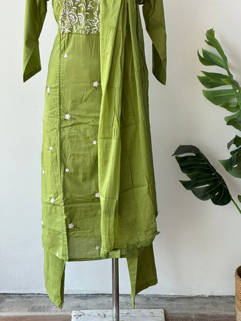 Leaf Green Emb cotton kurta pant set