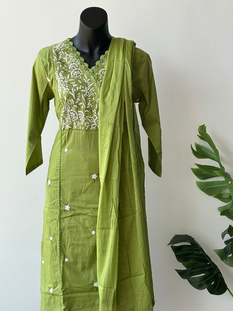 Leaf Green Emb cotton kurta pant set