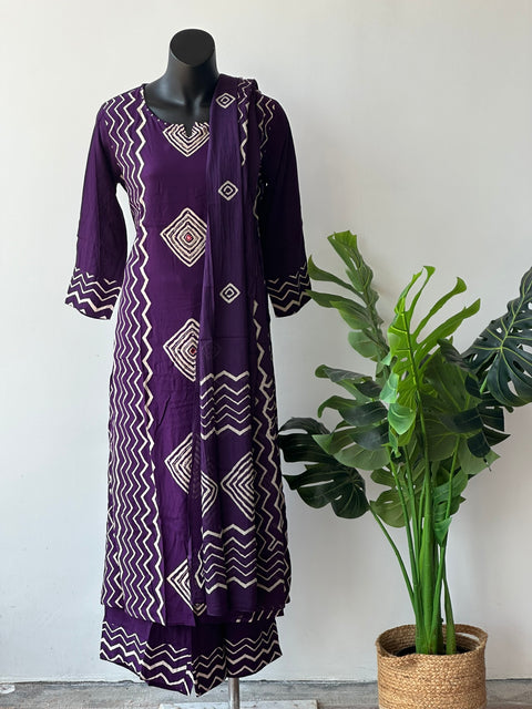 Printed purple rayon kurta pant set