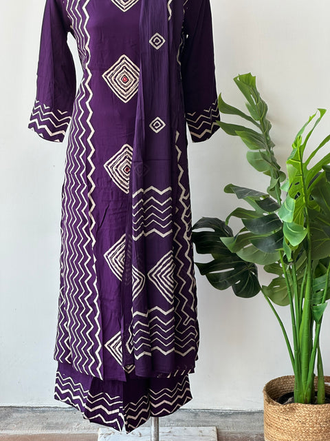 Printed purple rayon kurta pant set