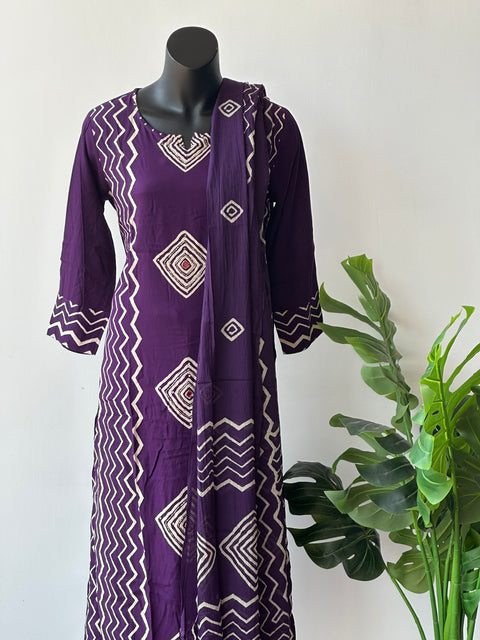 Printed purple rayon kurta pant set