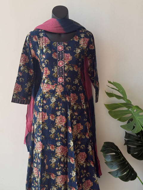 Navy Printed cotton anarkali set