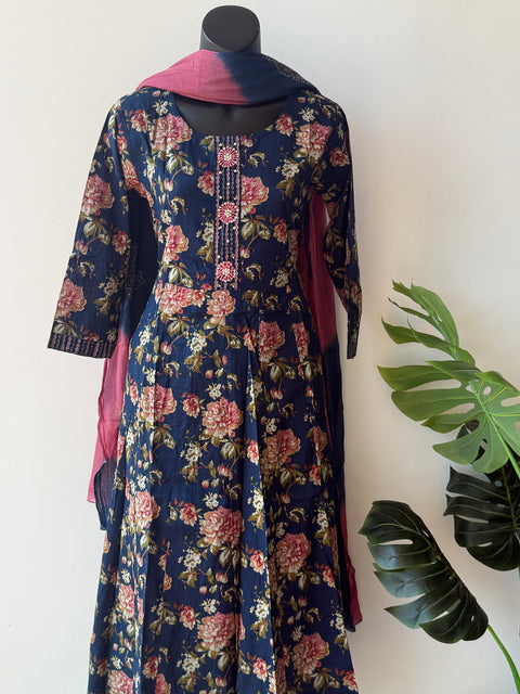 Navy Printed cotton anarkali set