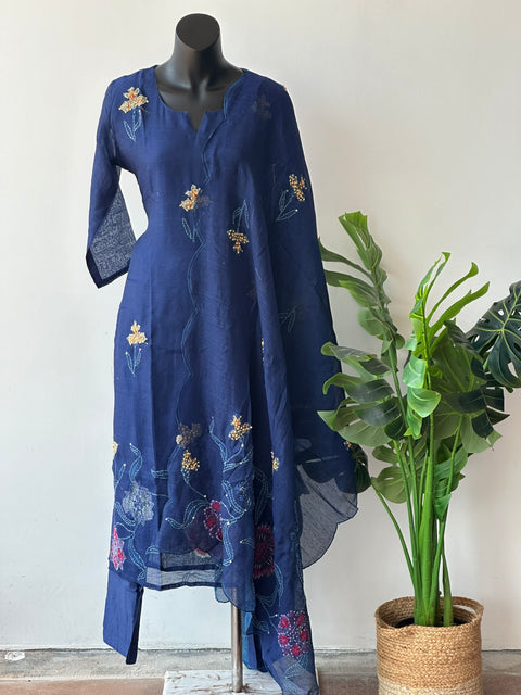 Royal Blue Emb chanderi cotton kurta pant set