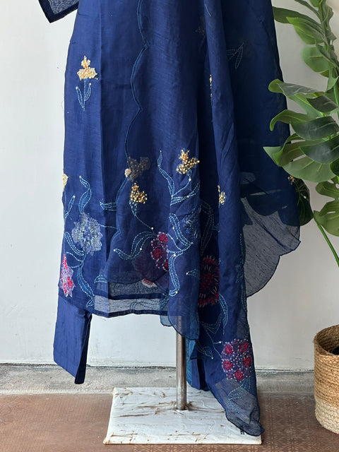 Royal Blue Emb chanderi cotton kurta pant set