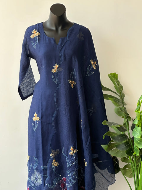 Royal Blue Emb chanderi cotton kurta pant set