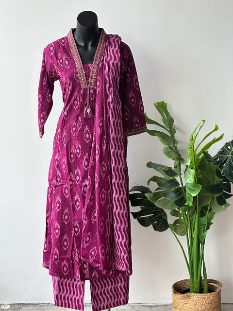 Dark pink printed cotton kurta pant set