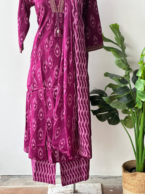 Dark pink printed cotton kurta pant set