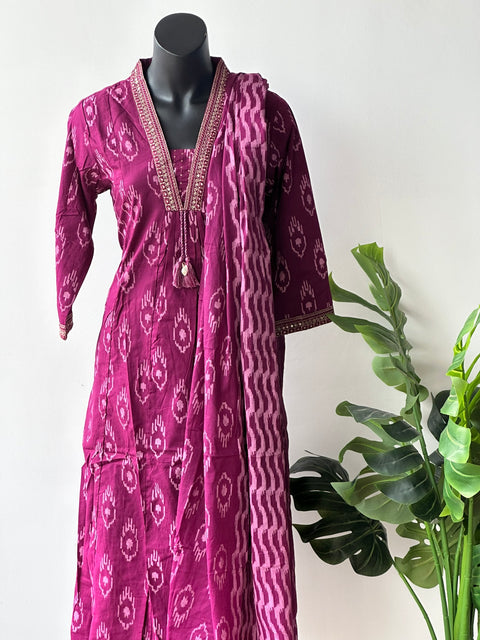 Dark pink printed cotton kurta pant set