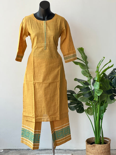 Musturd printed cotton kurta pant