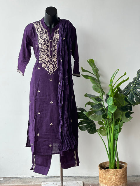 Purple lucknowi emb cotton kurta pant set