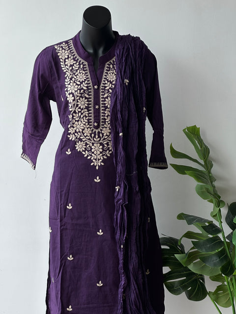 Purple lucknowi emb cotton kurta pant set