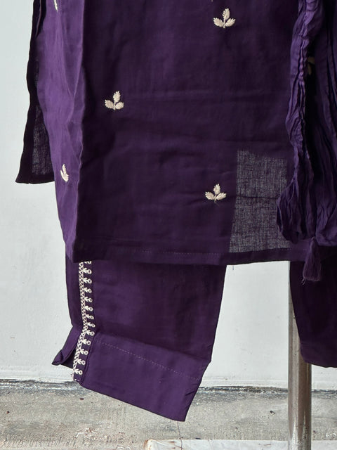 Purple lucknowi emb cotton kurta pant set