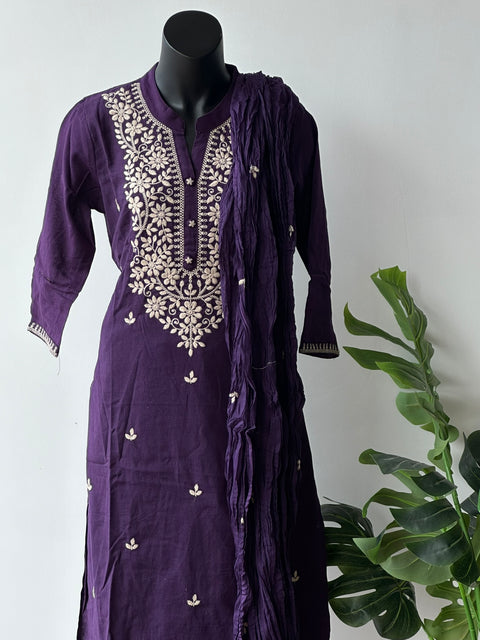 Purple lucknowi emb cotton kurta pant set