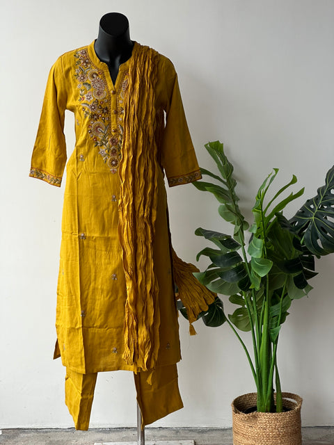 Musturd emb cotton kurta pant set