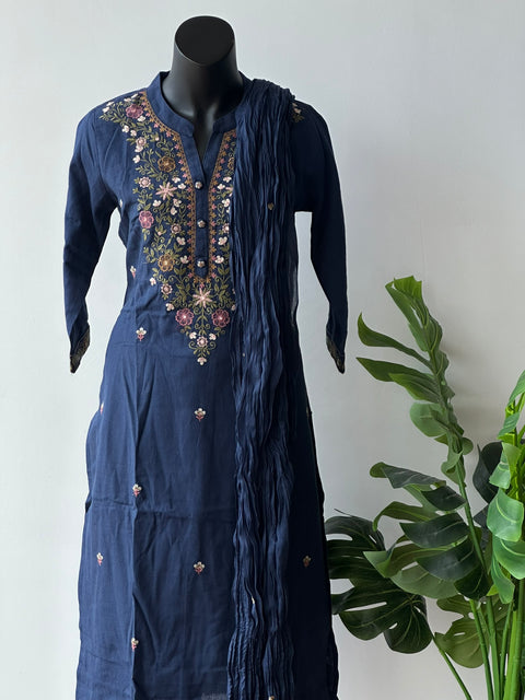 Navy Blue emb cotton kurta pant set