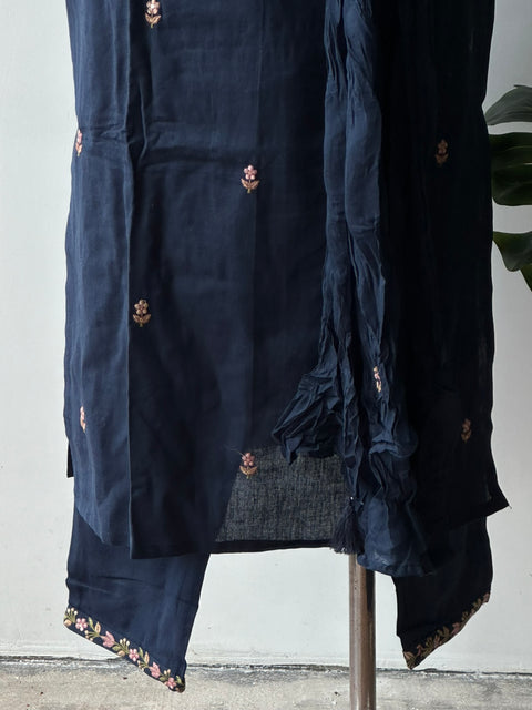 Navy Blue emb cotton kurta pant set