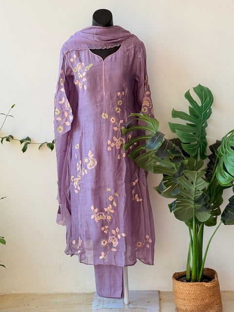 Lavender mul chanderi emb suit set