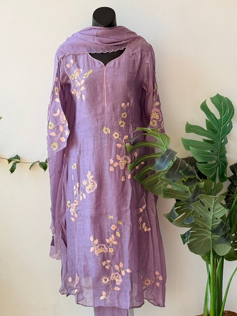 Lavender mul chanderi emb suit set
