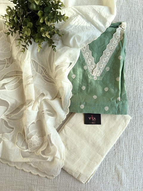 Emb chanderi suit top with cotton dupatta