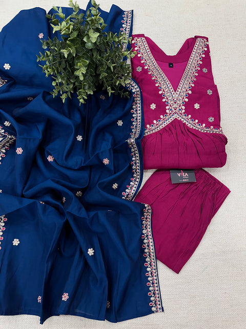 Alia cut Roman silk ready suit set - pink blue