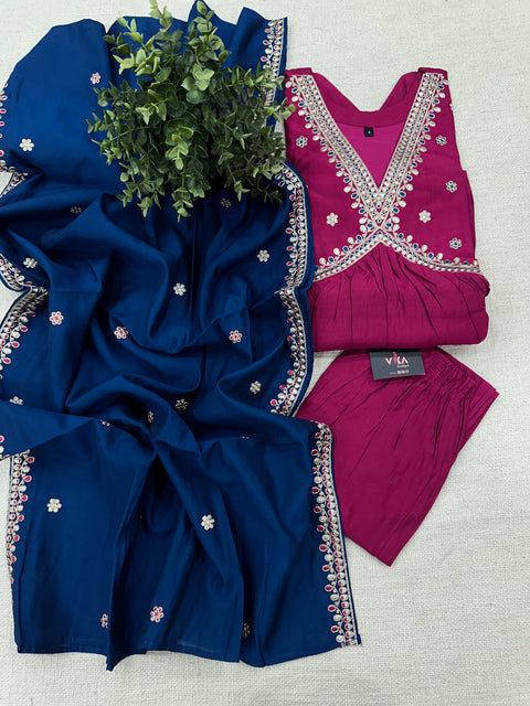 Alia cut Roman silk ready suit set - pink blue