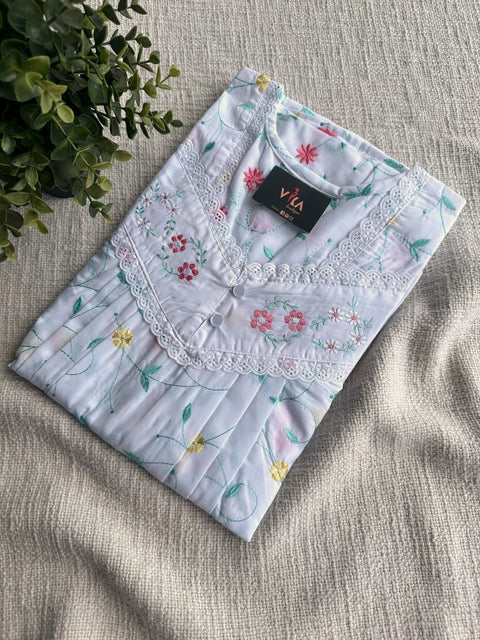 White Poly Cotton Embroidery nighty