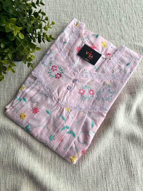 Light Pink Poly Cotton Embroidery nighty