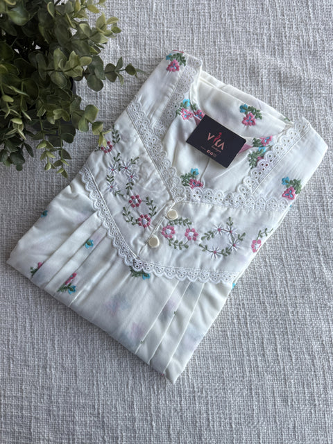 Off white Embroidered poly cotton nighty