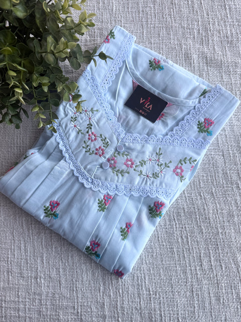 Light Blue Embroidered poly cotton nighty