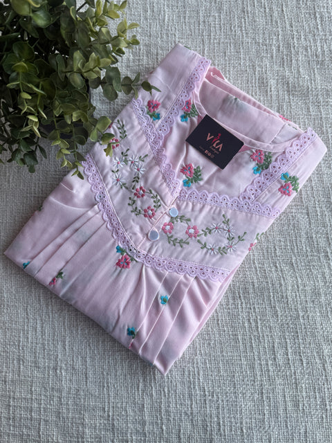 Pink Embroidered poly cotton nighty