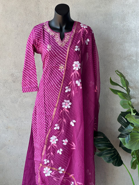 Dark pink printed cotton kurti pant set