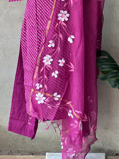 Dark pink printed cotton kurti pant set