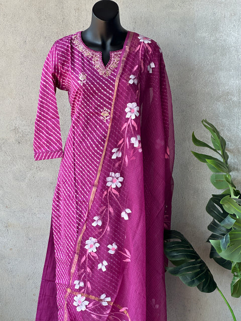 Dark pink printed cotton kurti pant set