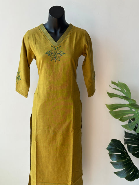 V neck musturd green kurta pant