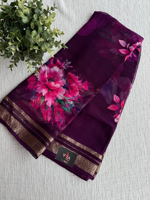 Zari border pure chiffon saree - Wine