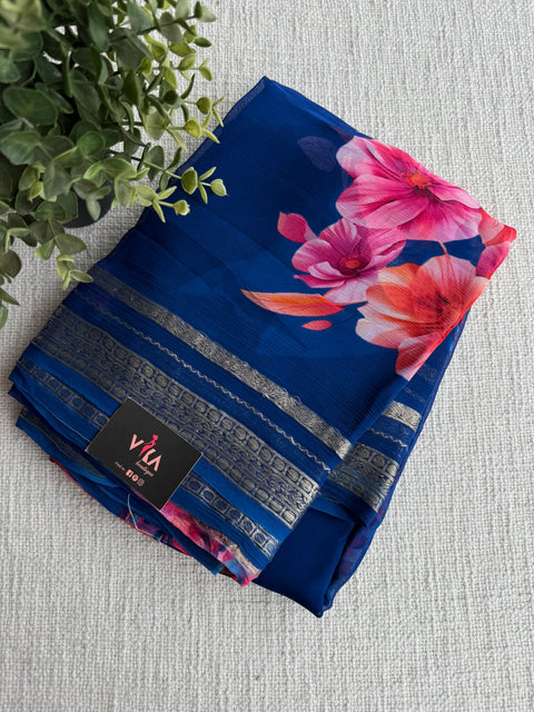 Zari border pure chiffon saree - Blue