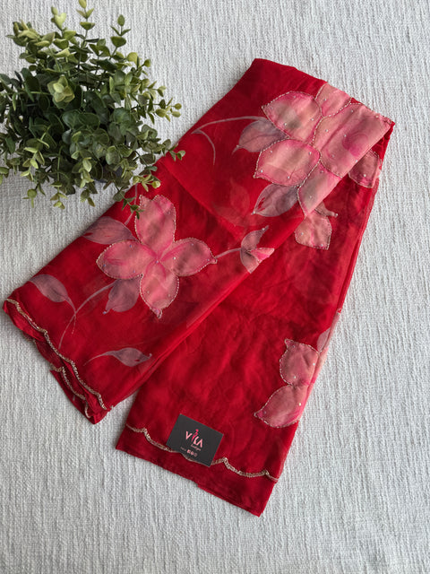 Cut dana work Floral printed chiffon saree