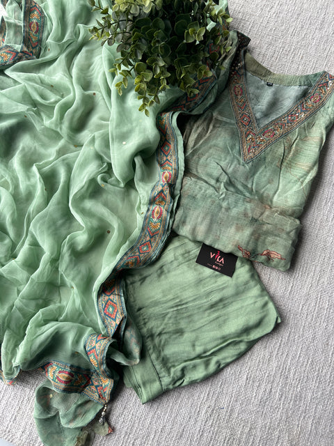 Light green floral printed crepe ready suit set