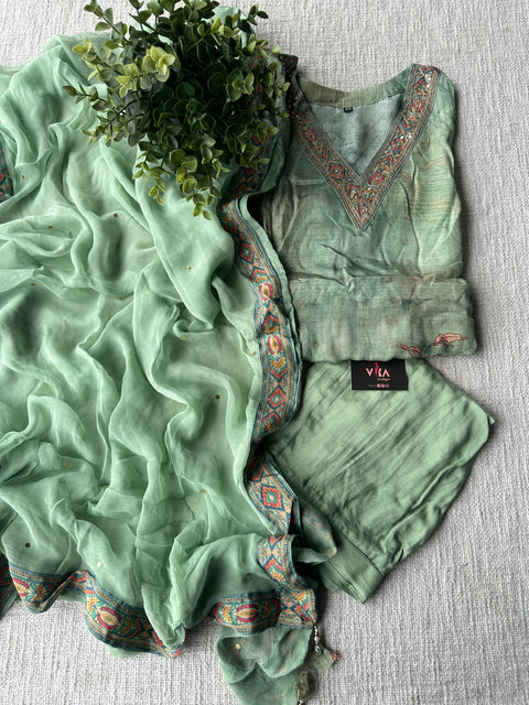 Light green floral printed crepe ready suit set